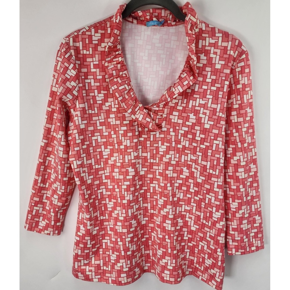 J McLaughlin Ruffle Neck Top‎ Women's M 3/4 Sleeve Pink Geometric Retro Stretch